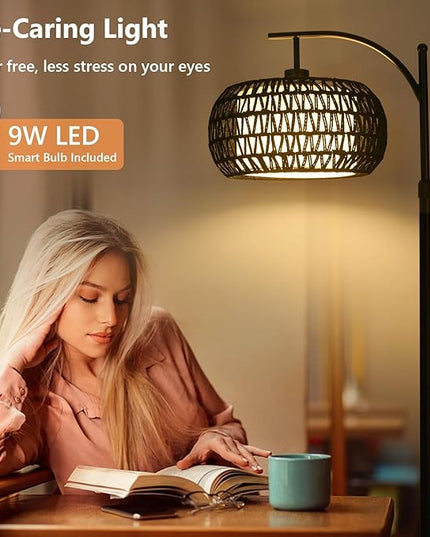 Arc Floor Lamp with 3 Color Temperatures, Dimmable LED Black Floor Lamp with Remote Control, Boho Standing Lamp with Rattan Wicker Shades, Farmhouse Tall Pole Lamp for Living Room Bedroom - LeafyLoom