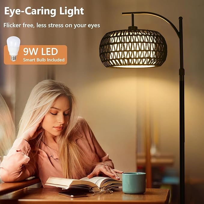 Arc Floor Lamp with 3 Color Temperatures, Dimmable LED Black Floor Lamp with Remote Control, Boho Standing Lamp with Rattan Wicker Shades, Farmhouse Tall Pole Lamp for Living Room Bedroom - LeafyLoom