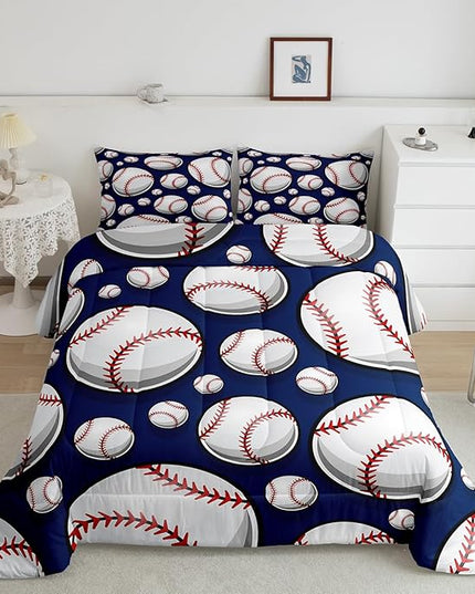Baseball Bedding Set Sports Theme Comforter Set for Kids Boys Girls Teens 3D Blue Ball Pattern Comforter Breathable Baseball Games Duvet Set Room Decor Quilt Set Twin Size - LeafyLoom
