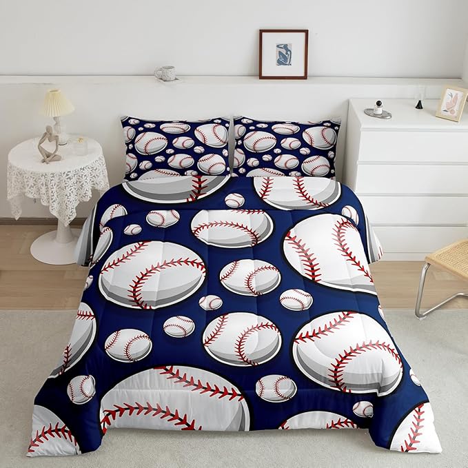 Baseball Bedding Set Sports Theme Comforter Set for Kids Boys Girls Teens 3D Blue Ball Pattern Comforter Breathable Baseball Games Duvet Set Room Decor Quilt Set Queen Size - LeafyLoom