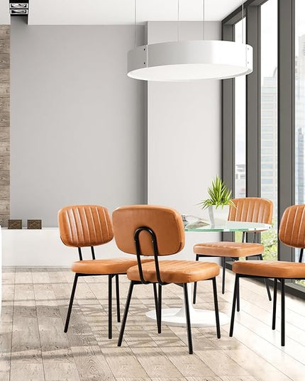 Sweetcrispy Dining Chairs Set of 4, Upholstered Mid Century Modern Kitchen Dining Room Accent Chairs with Faux Leather Cushion Seat & Metal Legs for Kitchen, Living Room - Brown - LeafyLoom