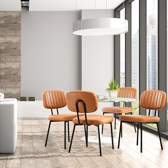 Sweetcrispy Dining Chairs Set of 4, Upholstered Mid Century Modern Kitchen Dining Room Accent Chairs with Faux Leather Cushion Seat & Metal Legs for Kitchen, Living Room - Brown - LeafyLoom