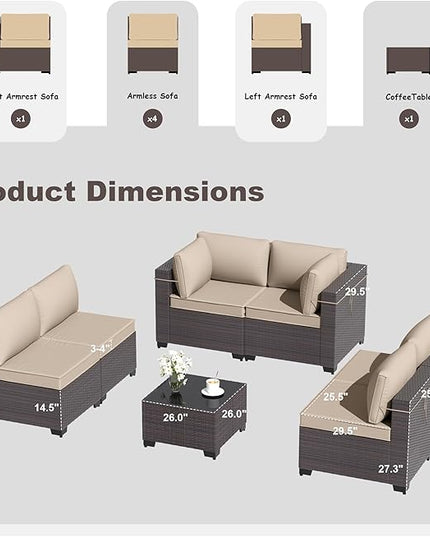 Patio Furniture Set 7-Pieces Outdoor Furniture for Backyard Wicker Sectional Sofa Set, Rattan Patio Conversation Set with Thickened Cushions and Glass Coffee Table, Sand - LeafyLoom