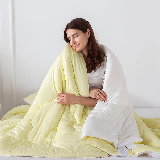 COTTEBED Reversible KING Bedding Comforter Set, Jersey Knit All Season Milk Cup Dual-Side Down Comforters, Super Soft Breathable Fluffy Lightweight Quilt & Pillow Shams(Yellow and White King/Cal King) - LeafyLoom