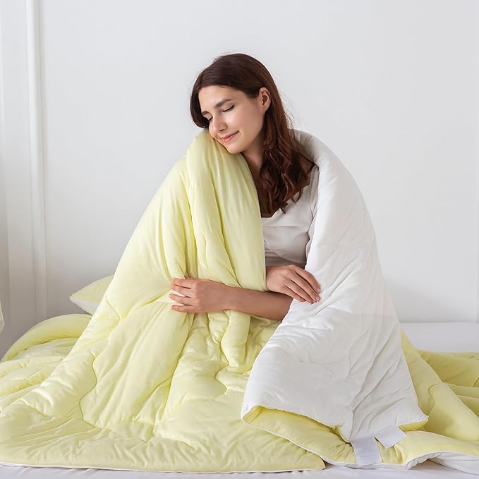 COTTEBED Yellow White Twin Size Bed Comforter Set, Cute Jersey Knit T-Shirt Feel Reversible Blanket Comforter Ultra-Soft Cozy Lightweight Quilt Pillowsham for Kid Boy Girl Dorm All Season Twin/Twin XL - LeafyLoom