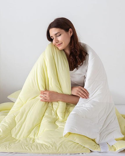 COTTEBED Reversible Queen Sized Bedding Comforter Sets - Cute Jersey Knit T-Shirt Feel Dual-Sided Full Down Comforters - Ultra-Soft Lightweight Quilt & 2 Pillow Shams All Season Use (Yellow and White) - LeafyLoom