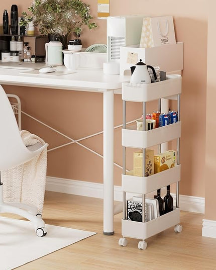 VECELO Storage Rolling Cart, 4 Tier Utility Cart Kitchen Slim Mobile Storage Unit Organizers with Wheels Hooks&Hanging Cups for Bedroom Bathroom Office Table Side in Narrow Places, White - LeafyLoom