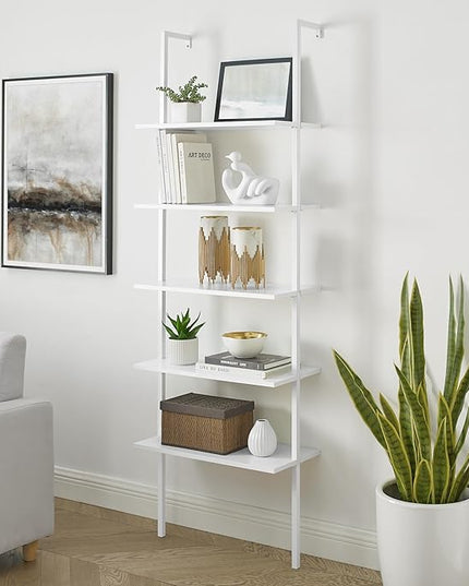 5-Shelf Wood Modern Bookshelf, Open Wall Ladder Bookcase Plant Shelf Vintage Kitchen Shelves Storage, Farmhouse Heavy Duty Display Shelf Wide Modern Open Book Case (White-1) - LeafyLoom