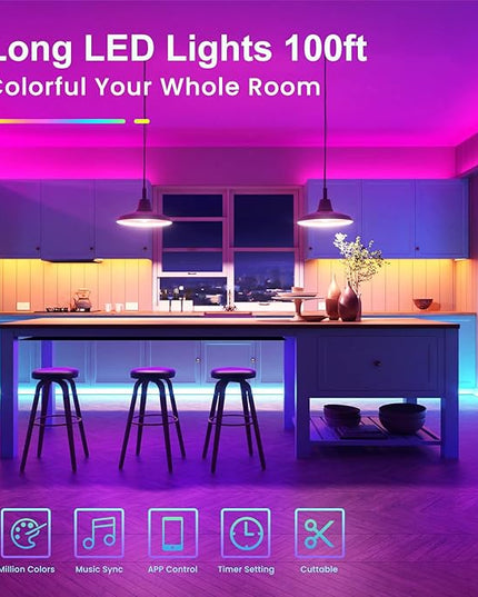 TJOY 100ft Bluetooth LED Strip Lights, Music Sync LED Lights Strip, RGB Color Changing LED Lights with Remote,Smart Phone APP Control, LED Lights for Bedroom,TV,Room DIY (APP+Remote +Mic) TJOY