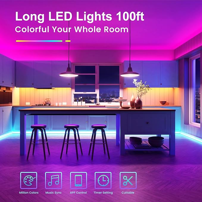 TJOY 100ft Bluetooth LED Strip Lights, Music Sync LED Lights Strip, RGB Color Changing LED Lights with Remote,Smart Phone APP Control, LED Lights for Bedroom,TV,Room DIY (APP+Remote +Mic) TJOY