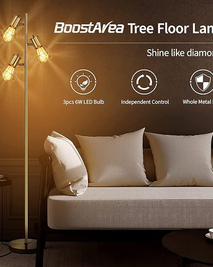 BoostArea Industrial Floor Lamp,Standing Lamp,Farmhouse Tree Floor Lamp with 3pcs 6W Edison Bulbs,Free Adjustable Cage Heads,Independent Control,Floor Lamp for Living Room,Bedroom,Rustic Home - LeafyLoom