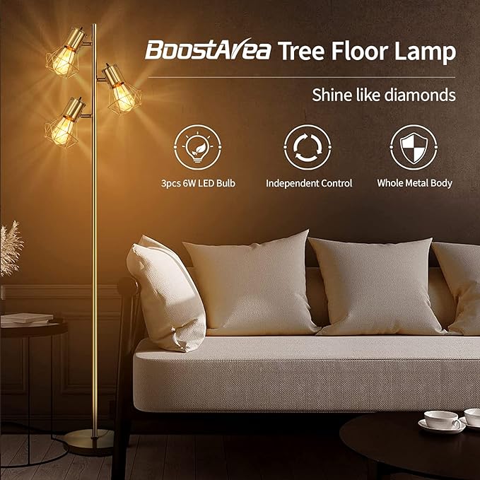 BoostArea Industrial Floor Lamp,Standing Lamp,Farmhouse Tree Floor Lamp with 3pcs 6W Edison Bulbs,Free Adjustable Cage Heads,Independent Control,Floor Lamp for Living Room,Bedroom,Rustic Home - LeafyLoom