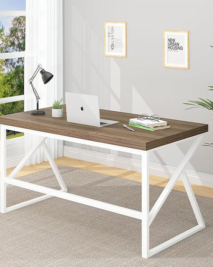 HSH Farmhouse Desk, Modern Home Office Desk, Student Desk for Bedroom Computer Table, Rustic Wood and Metal PC Laptop Computer Desk, Simple Writing Study Gaming Desk Executive Workstation, 55 Inch - LeafyLoom
