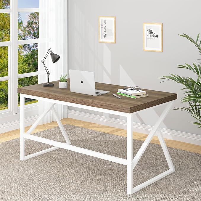 HSH Farmhouse Desk, Modern Home Office Desk, Student Desk for Bedroom Computer Table, Rustic Wood and Metal PC Laptop Computer Desk, Simple Writing Study Gaming Desk Executive Workstation, 55 Inch - LeafyLoom