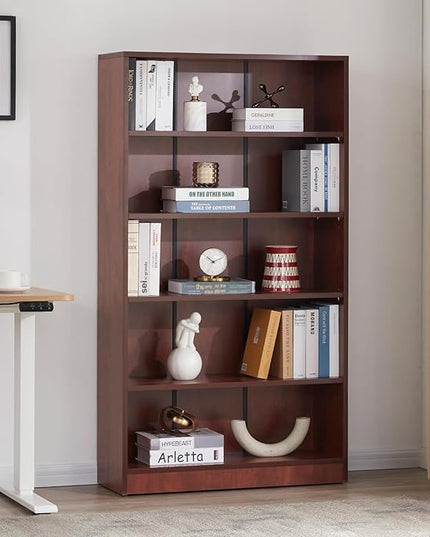 STARY 5 Shelf Cherry Bookcase 60 inch Tall Wood Bookshelf for Bedroom - LeafyLoom