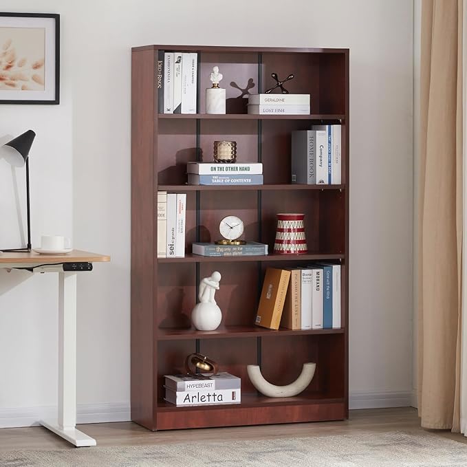 STARY 5 Shelf Cherry Bookcase 60 inch Tall Wood Bookshelf for Bedroom - LeafyLoom
