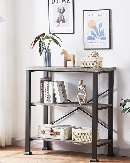 HOMBAZAAR Bookshelf, 3-Tier Vintage Industrial Book Shelf, Rustic Wood and Metal Bookcase and Bookshelves, Free Standing Storage Small Bookshelf for Living Room, Bedroom and Kitchen, Grey Oak - LeafyLoom