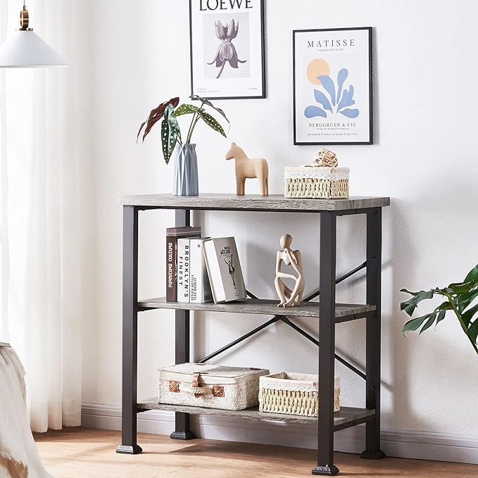 HOMBAZAAR Bookshelf, 3-Tier Vintage Industrial Book Shelf, Rustic Wood and Metal Bookcase and Bookshelves, Free Standing Storage Small Bookshelf for Living Room, Bedroom and Kitchen, Grey Oak - LeafyLoom
