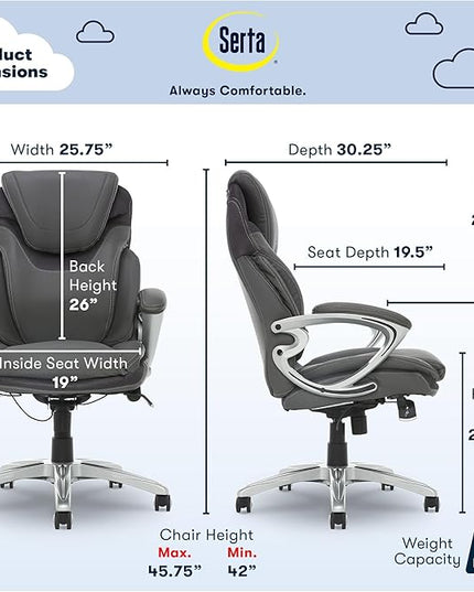 Serta Bryce Executive Office Chair, Ergonomic Computer DeskChair with Patented AIR Lumbar Technology, Comfortable Layered Body Pillows for Cushioning, SertaQuality Foam, Bonded Leather, Gray - LeafyLoom