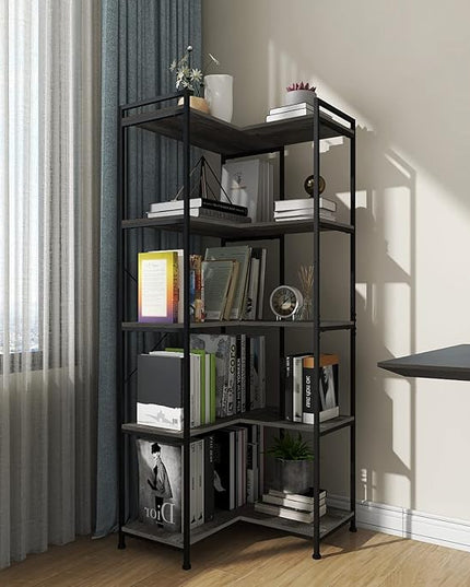 Bookshelf 5 Tier Deformable Corner Bookcase Free Standing Modern Industrial Book Storage Display Book Shelf for Bedroom Living Room Study Room Office (Dark Grey) - LeafyLoom