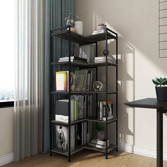 Bookshelf 5 Tier Deformable Corner Bookcase Free Standing Modern Industrial Book Storage Display Book Shelf for Bedroom Living Room Study Room Office (Dark Grey) - LeafyLoom