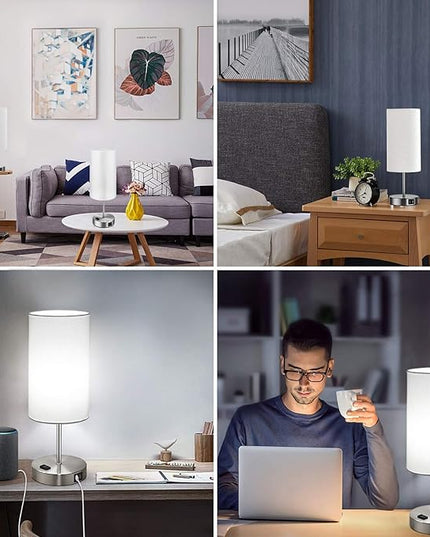 Set of 2 Touch Control Table Lamps with 2 USB Charging Ports&AC Outlet, 3-Way Dimmable Bedside Nightstand Lamps with White Fabric Lampshade for Reading, Bedroom, Living Room, A19 LED Bulbs Included - LeafyLoom