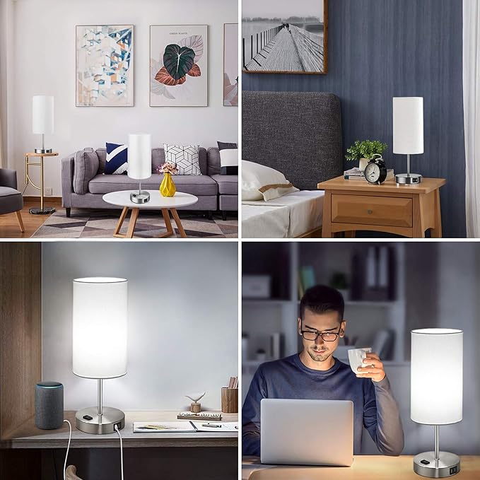 Set of 2 Touch Control Table Lamps with 2 USB Charging Ports&AC Outlet, 3-Way Dimmable Bedside Nightstand Lamps with White Fabric Lampshade for Reading, Bedroom, Living Room, A19 LED Bulbs Included - LeafyLoom