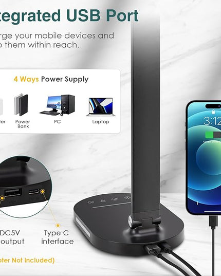 Led Desk Lamp, 3 Light Modes Table Lamp, Dimmable Reading Light For Bedroom with USB Port, Office Desk Lamp with Night Light, Auto-Off Timer Book Lights for College Dorm, Home, Office, Memory Function - LeafyLoom