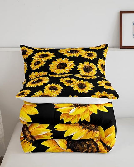 3D floral Comforter Set Queen for Kids Girls Women Yellow Flowers Bedding Set Sunflower Pattern Decor Quilted Duvet Set Botanical Floral Print on Black Down Comforter Garden Bloom Bed with pillowcases - LeafyLoom