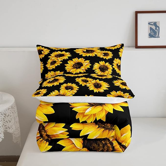 3D floral Comforter Set Queen for Kids Girls Women Yellow Flowers Bedding Set Sunflower Pattern Decor Quilted Duvet Set Botanical Floral Print on Black Down Comforter Garden Bloom Bed with pillowcases - LeafyLoom