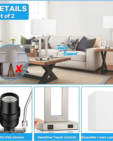 22'' Tall Table Lamps for Bedroom Set of 2, Silver Bedside Touch Control Lamp with 2 USB Ports&AC Outlet, Modern Living Room Table Lamp for Nightstand End Table, 3-Way Dimming with 2 E26 Edison Bulbs - LeafyLoom