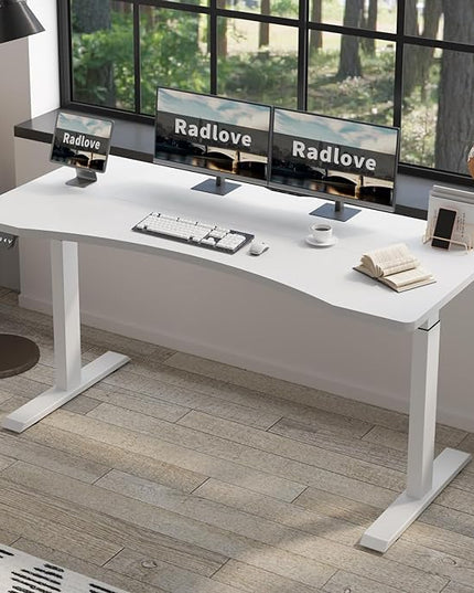 Radlove Dual Motors Height Adjustable 63 x 30'' Electric Standing Desk with Curved Design Stand Up Table 4 Memory Keys, Computer Desk with Splice Board Home Office Desk, WhiteTop + White Frame - LeafyLoom