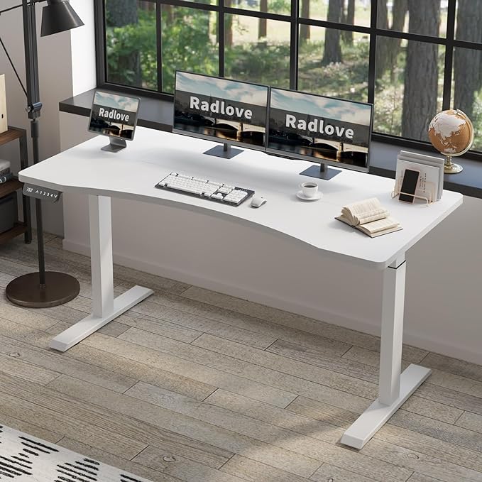 Radlove Dual Motors Height Adjustable 63 x 30'' Electric Standing Desk with Curved Design Stand Up Table 4 Memory Keys, Computer Desk with Splice Board Home Office Desk, WhiteTop + White Frame - LeafyLoom