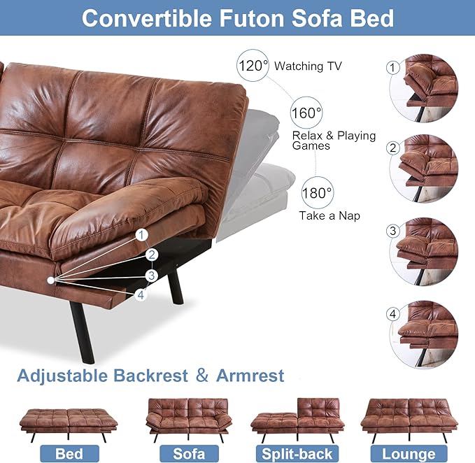 MUUEGM Futon Sofa Bed Memory Foam Convertible Sleeper Couch,Modern Faux Leather Folding Love seat for Living Room,Compact Space,Apartment,Office,Dorm,71" Dx33 Wx31.5 H, Brown - LeafyLoom