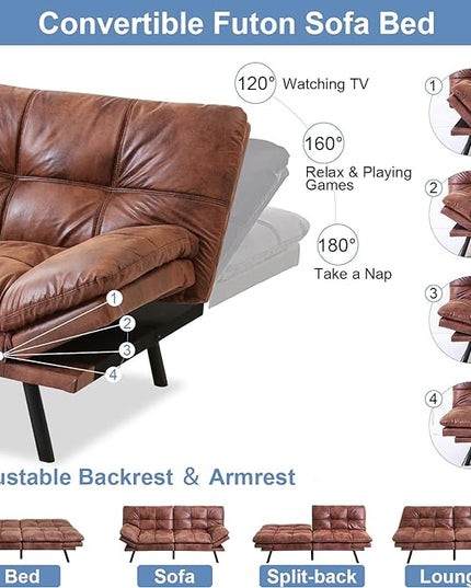 MUUEGM Futon Sofa Bed Convertible Memory Foam Sleeper Couch,Modern Faux Leather Loveseat for Living Room,Small Compact Space,Dorm,Office,Adjustable Armrests Backrest Sofabed, Brown - LeafyLoom
