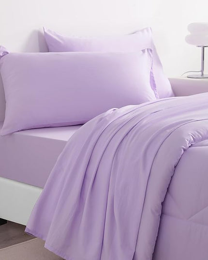 NTBAY Twin Comforter Set with Sheets, 5 Pieces Soft and Breathable Twin Bedding Set, Twin Bed in a Bag, Down Alternative Comforter Set Solid Color All Season, Kids Bedding Set, Light Purple - LeafyLoom