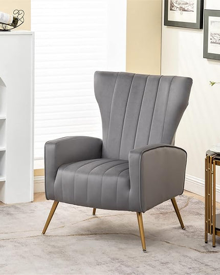 Armchair Modern Velvet Accent Chair, Channel Tufted Bedroom, Office or Living Room Furniture with Elegant Metal Legs, Grey - LeafyLoom
