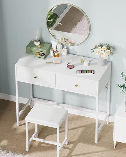 SUPERJARE 35.4" White Desk with 2 Drawers, Modern Makeup Vanity Desk with Padded Stool, Small Computer Desk Home Office Desk for Writing Study Bedroom - LeafyLoom