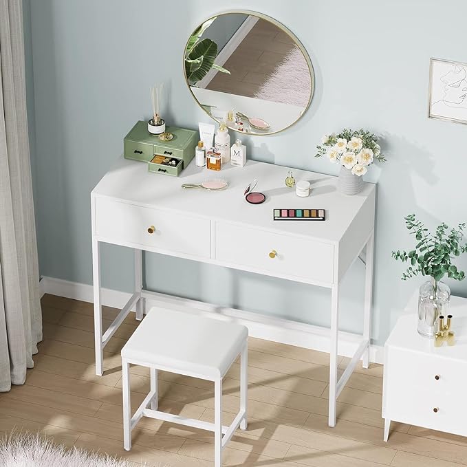 SUPERJARE 35.4" White Desk with 2 Drawers, Modern Makeup Vanity Desk with Padded Stool, Small Computer Desk Home Office Desk for Writing Study Bedroom - LeafyLoom