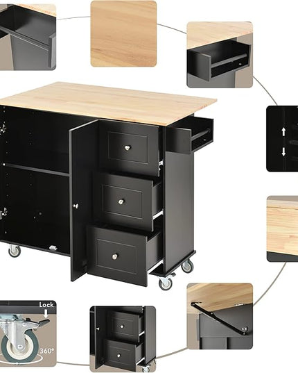52.7 Cart with Wood Top and Drop Leaf Breakfast Bar, Rolling Mobile Island Towel Rack,Large Storage Cabinet Kitchen Table for Dinning Room, Black, 52.76 Inch - LeafyLoom