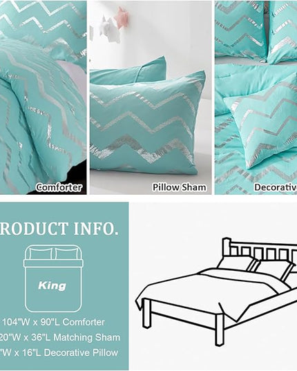 Aqua Comforter Set King Size, Metallic Teal and Silver Bedding Set, 4 Piece Lightweight Microfiber Comforter for Teen Girls Women (2 Pillow Shams + 1 Decorative Pillow Sham) - LeafyLoom