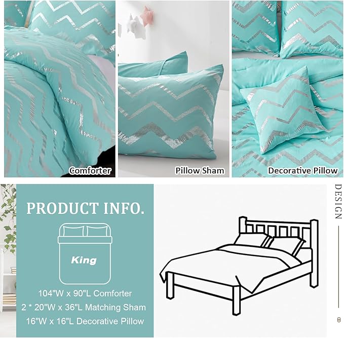 Aqua Comforter Set King Size, Metallic Teal and Silver Bedding Set, 4 Piece Lightweight Microfiber Comforter for Teen Girls Women (2 Pillow Shams + 1 Decorative Pillow Sham) - LeafyLoom