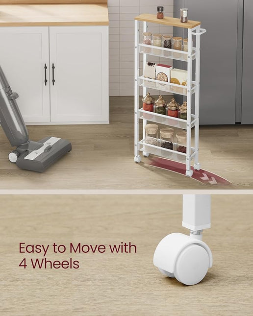 VASAGLE Slim Rolling Cart, 5-Tier Storage Cart, Narrow Cart with Handle, 5.1 Inches Deep, Metal Frame, for Kitchen, Dining Room, Living Room, Home Office, Oak Beige and White ULRC034W09 - LeafyLoom