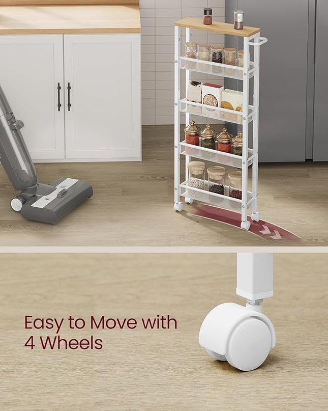 VASAGLE Slim Rolling Cart, 5-Tier Storage Cart, Narrow Cart with Handle, 5.1 Inches Deep, Metal Frame, for Kitchen, Dining Room, Living Room, Home Office, Oak Beige and White ULRC034W09 - LeafyLoom