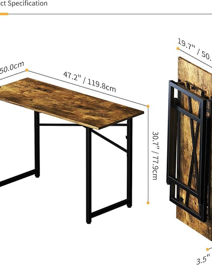 47 inch Folding Computer Desk, Writing Gaming Computer Camping Table, No Assembly Required Home Office Desk, Rustic Brown - LeafyLoom