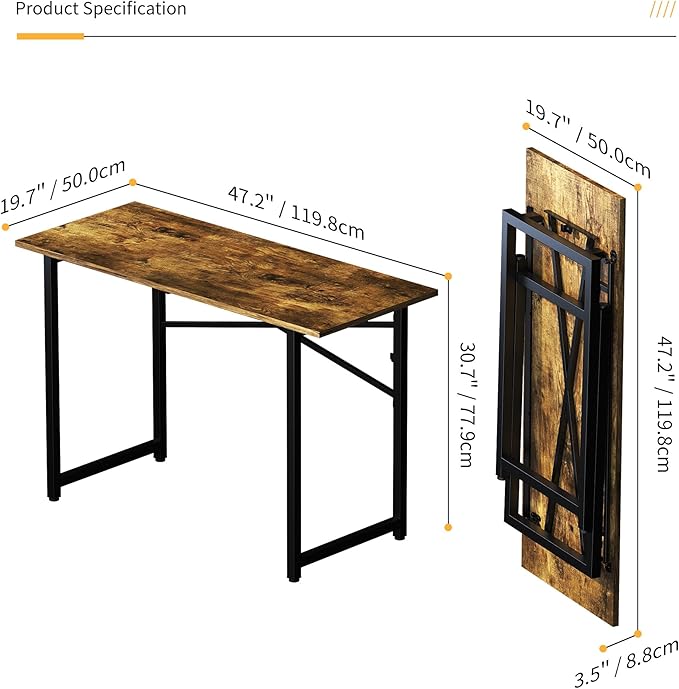 47 inch Folding Computer Desk, Writing Gaming Computer Camping Table, No Assembly Required Home Office Desk, Rustic Brown - LeafyLoom