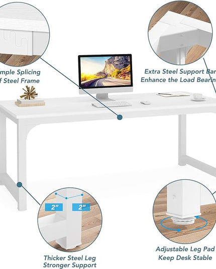 Tribesigns Modern Computer Desk, 70.8 x 31.5 inch Large Office Desk Computer Table Study Writing Desk Workstation for Home Office, White Metal Frame - LeafyLoom