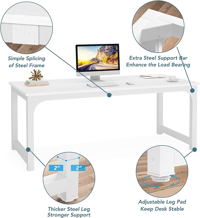 Tribesigns Modern Computer Desk, 70.8 x 31.5 inch Large Office Desk Computer Table Study Writing Desk Workstation for Home Office, White Metal Frame - LeafyLoom