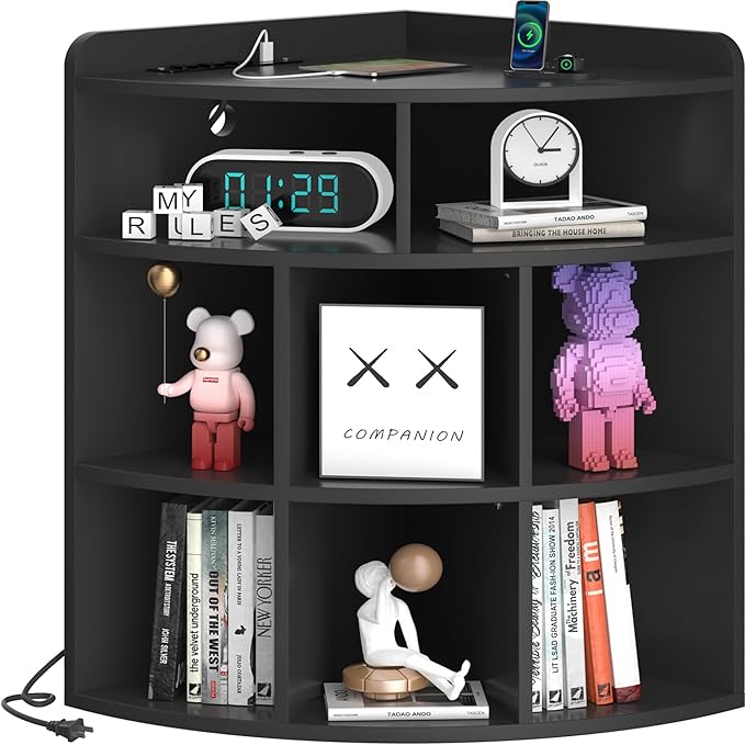 Vecelo 3-Tier Corner Cabinet with USB Outlet, 8 Cubbies Wooden Cube Storage Organizer, Corner Bookshelf Units for Playroom, Bedroom, Living Room, Black - LeafyLoom