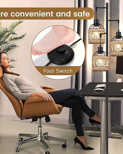 Tree Floor Lamp Rattan for Living Room,Bedroom,3-Lights Boho Floor Lamps,Farmhouse Industrial Black Standing Lamp Wicker Tall Lamp,Woven Bamboo Lamp Shade Floor Light Bohemian - LeafyLoom